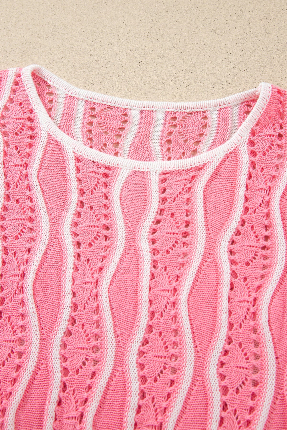 Pink Wavy Detail Hollow Out Knit Long Sleeve Cotton Pullover Sweater