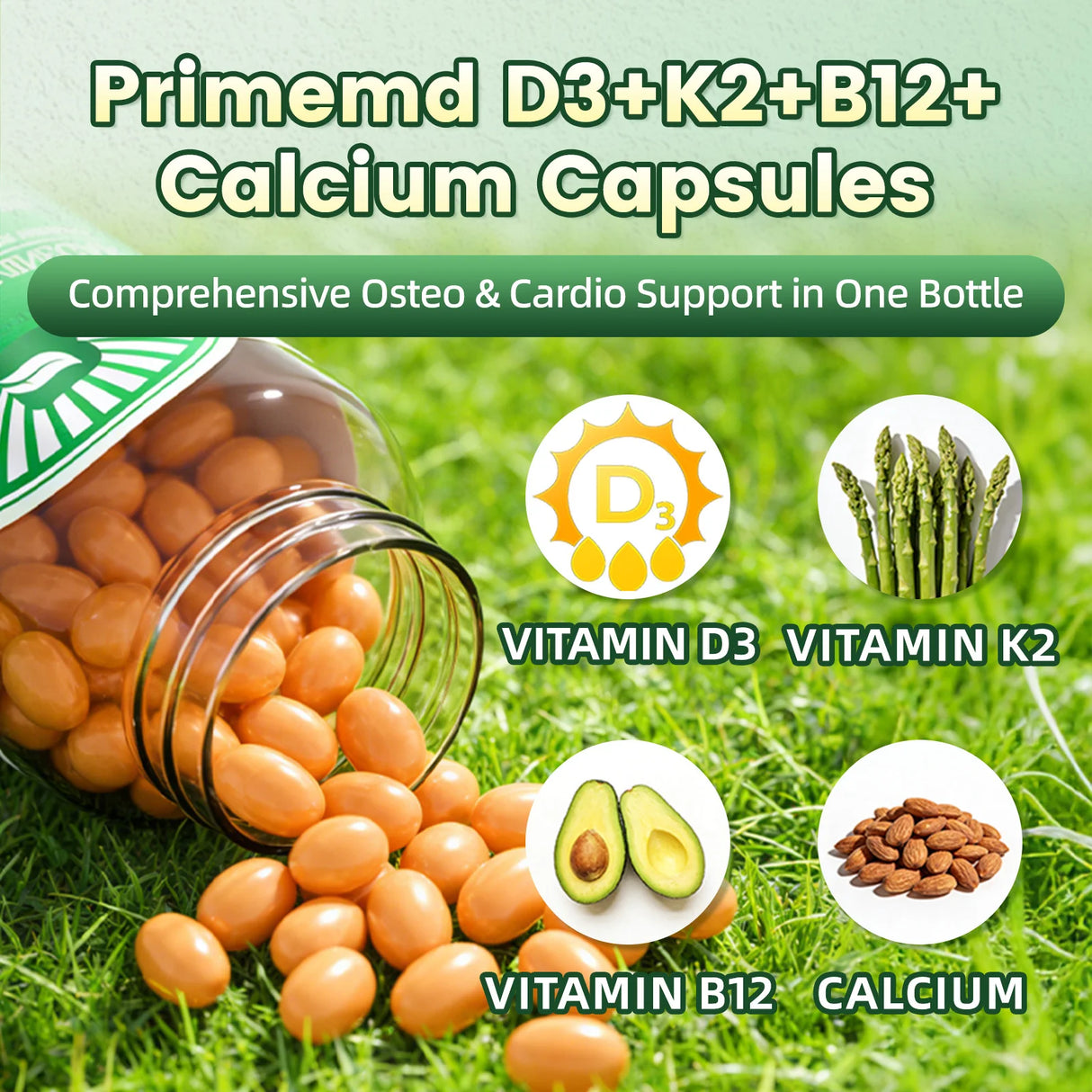 BEWORTH Vitamin D3K2 Calcium Capsules Support Immune Heart,Muscle & Bone Health Help Optimize Calcium Absorption & Distribution