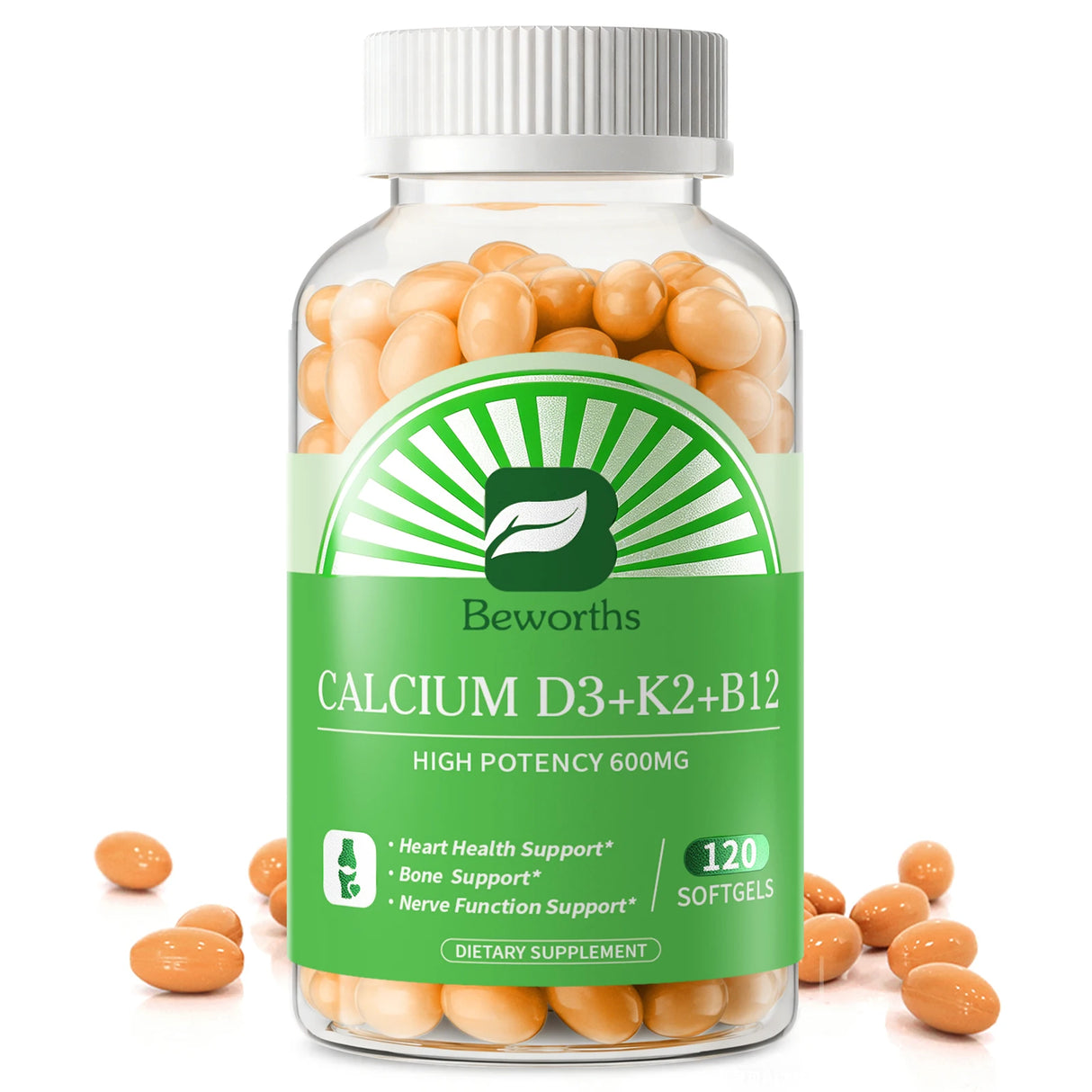 BEWORTH Vitamin D3K2 Calcium Capsules Support Immune Heart,Muscle & Bone Health Help Optimize Calcium Absorption & Distribution