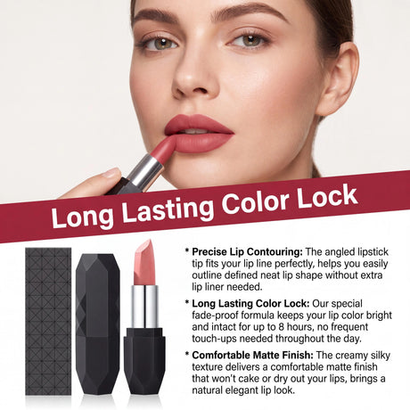 Zephoco Matte Long-Wear Lipstick Tint Crystal Shape 3 Colors High Pigment Waterproof Transfer-Proof Moisturizing Classic Fashion Shades