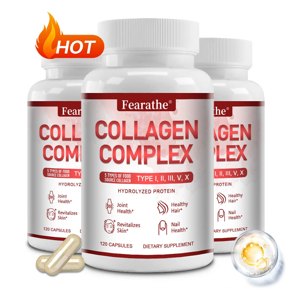 Multi-Type Collagen Complex Capsules, Natural Collagen Peptides Supplement, Support Skin Radiance, Hair, Nail & Joint Health