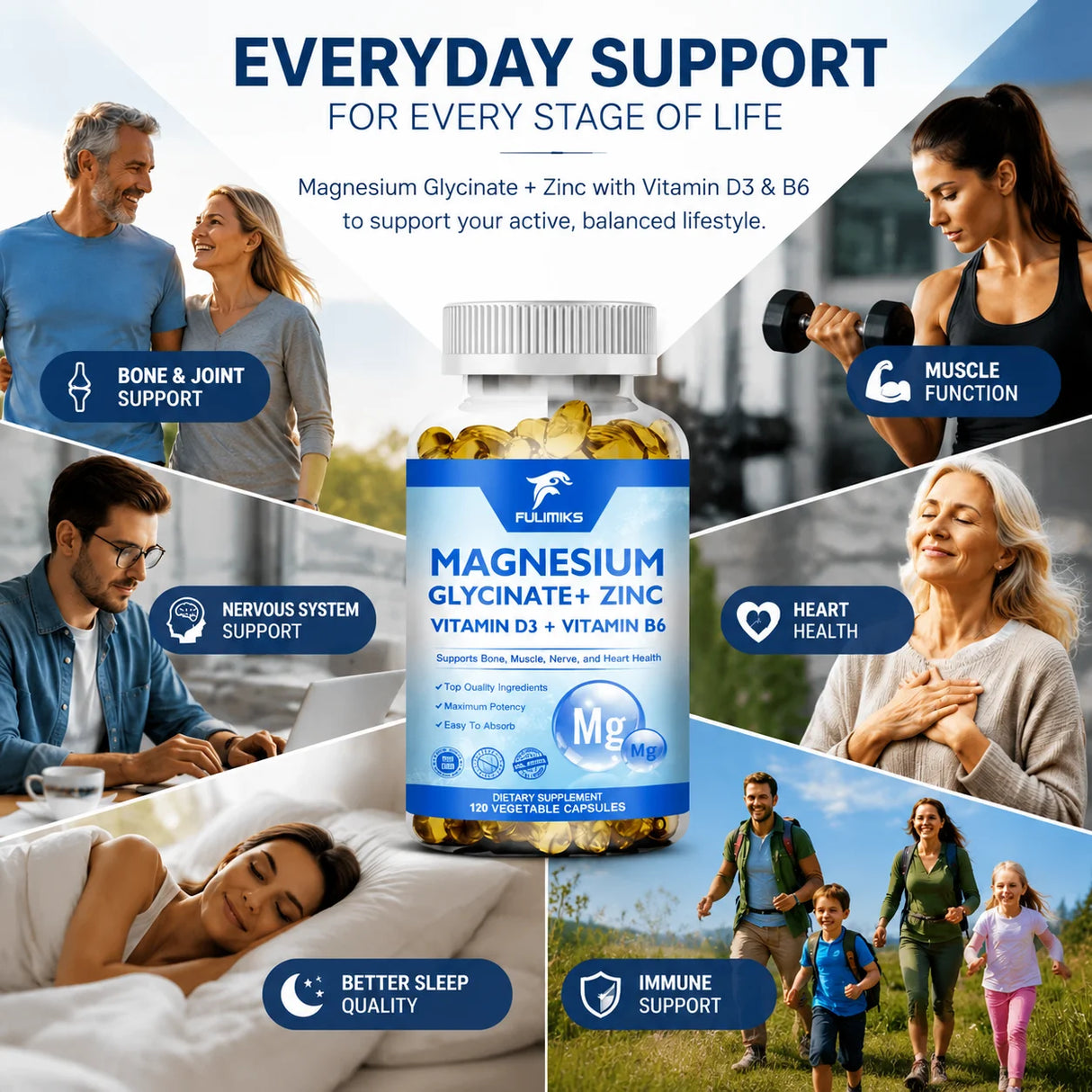Magnesium Glycinate + Zinc Supplement Capsules, High Absorption, Support Sleep Health, Bone Joint, Brain, Strengthen Immune