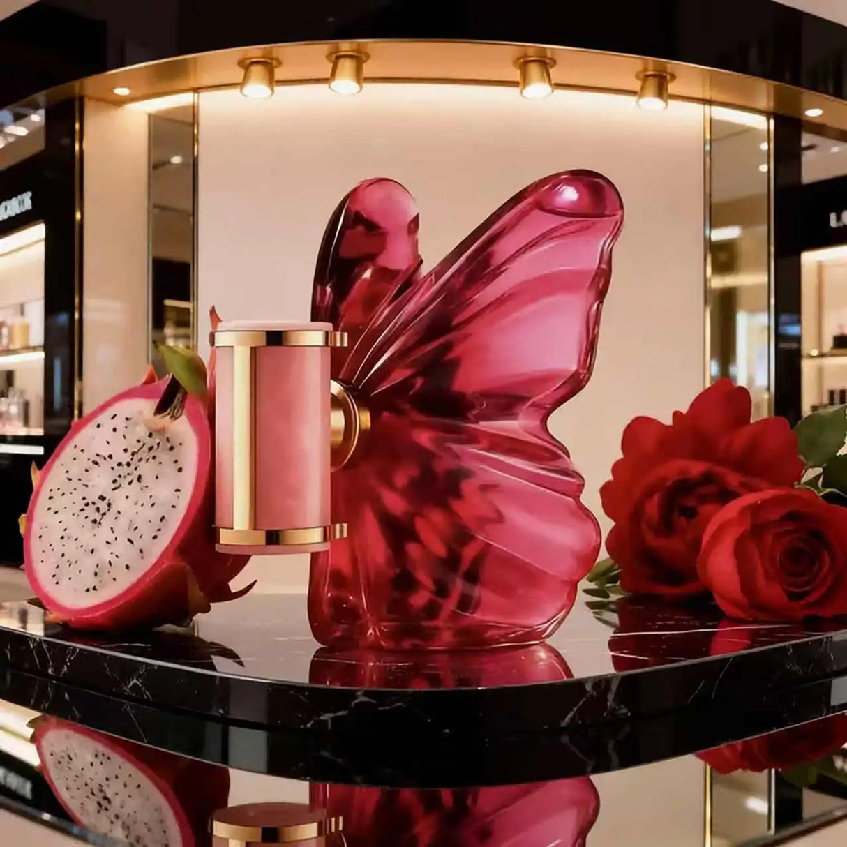 LA Bom. b.A 2.7oz female perfume, fresh flower and fruit fragrance, dragon fruit integration, unique butterfly design