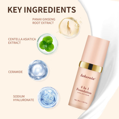 SPF30+Color Changing Foundation 4 in 1 Sun Liquid Moisture Waterproof Nourishes Coverage for All Skin Types Free Puff