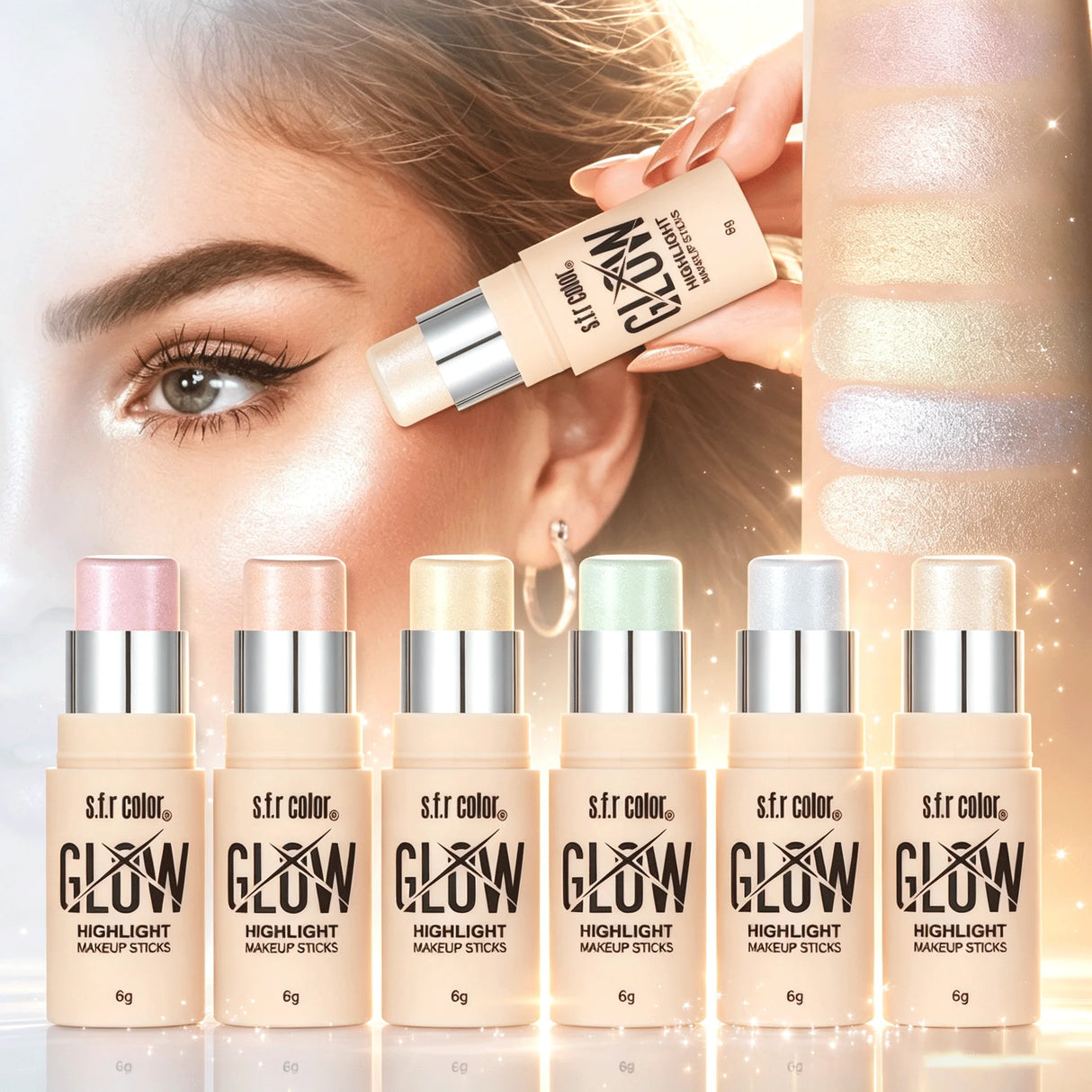 6-Color Highlight Stick – Glow Makeup, Longwear Pen Design, 6g, Face Highlighter Set