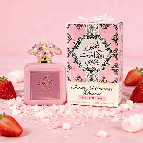 Ard al Zaafaran Pink Blush Shams Al Emarat Khususi, Cotton candy powder blusher women's perfume, light essence -100ml (3.4oz) romantic and sweet Arabian perfume - charming fragrance, pink bottle packaging