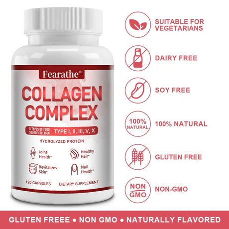 Multi-Type Collagen Complex Capsules, Natural Collagen Peptides Supplement, Support Skin Radiance, Hair, Nail & Joint Health
