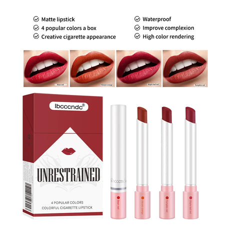 4 Colors Cigarette Shaped Lip Gloss Set Matte Velvet High Pigment Waterproof Long Lasting Non Transfer Portable Mini Lip Makeup Cosmetic