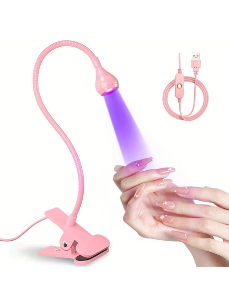UV Glue Curing Lamp – 4-Level Dimming Clip Light With Purple/Ultraviolet Light | Portable Nail & Craft Adhesive Dryer In Silvery Pink & Black | Professional-Grade For DIY, Nail Art & Repairs