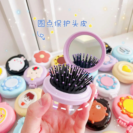 Baby Girls Kawaii Cute Cartoon Animal Folding Massage Comb with Makeup Mirror for Children Travel Portable Plastic Hair Brush