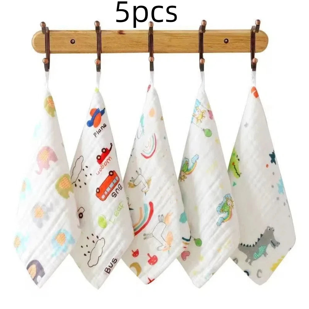 Random 5pcs Muslin 6 Layers Cotton Soft Baby Towels Baby Face Towel Handkerchief Bathing Feeding Face Washcloth Wipe Burp Cloth