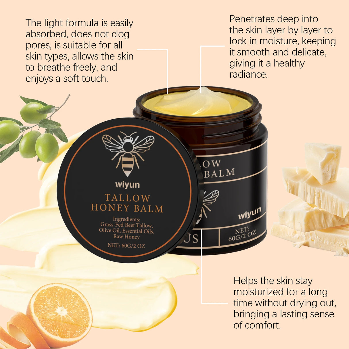 Organic Grass-fed Tallow Cream Relieves Dryness Calms Visible Redness Eczma Softens Rough Cracked Dewy Glow Barrier Repair Cream