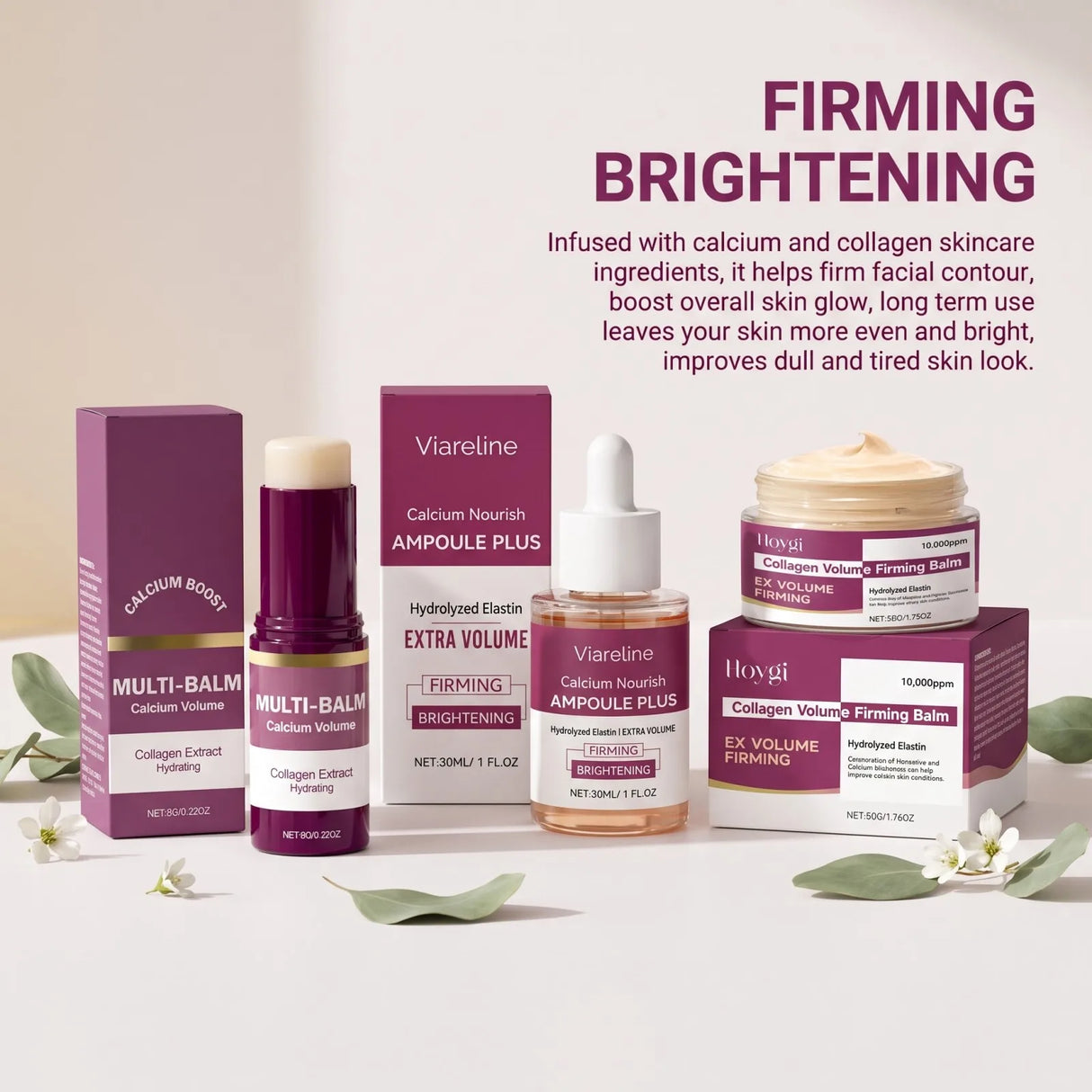 Korea Calcium Nourish Collagen Set – 30ml Ampoule + 50g Cream + 9g Balm Stick, 10,000ppm Collagen & Hydrolyzed Elastin Skincare