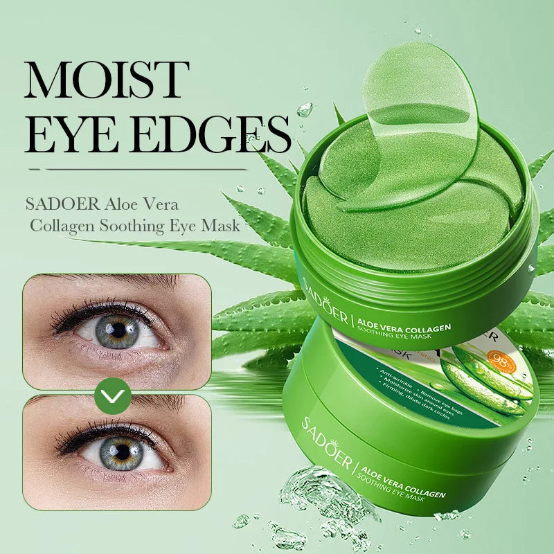 SADOER 60pcs Collagen & Aloe Vera Eye Mask Patches Anti Dark Circles Eye Bags Removal Moisturizing & Firming Skin Care Treatment