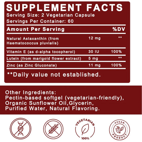 Astaxanthin Complex Capsules 12mg for Brain, Heart, Joint Bone, Eye, Skin, Immune System Health