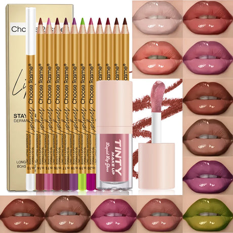 12Pcs Matte Lip Liner Pencil Set With Liquid Lip Gloss Waterproof Long Lasting Non-transfer Nude Brown Lip Makeup Kit Plump Lip Contour Cosmetic For Women