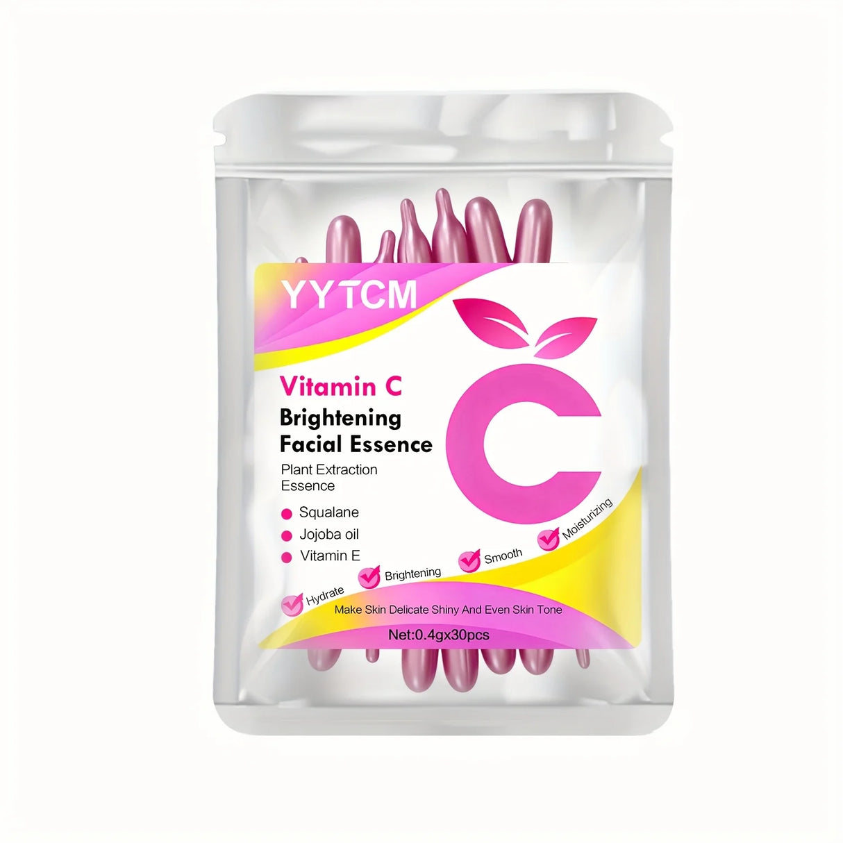 Vitamin C Skin-Brightening and Moisturizing Capsule Essence, Hydrates and Smooths the Skin, Contains Plant-Based Squalane, Vitamin E, Magnolia Oil, and Jojoba Seed Oil for Deep Hydration and Skin Brightening Essence (0.4Gx30
