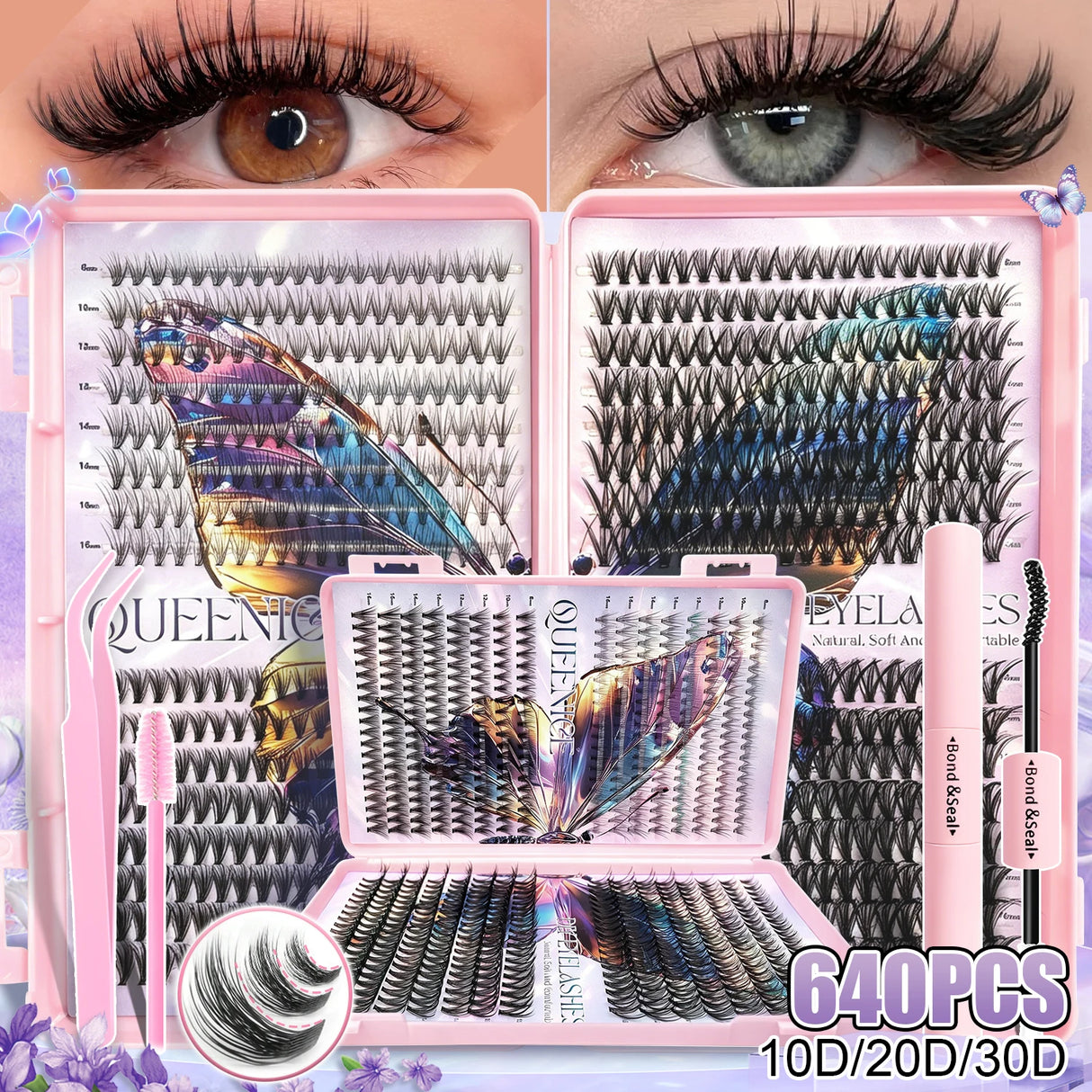 600pcs DIY Eyelash Clusters Kit - 60D 80D 100D 150D, 10-18mm Length Mix | Thick Natural Reusable False Lashes for Doll