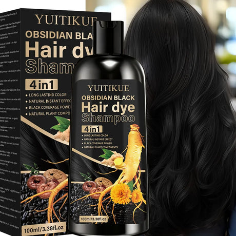 YUITIKUE Plant Extract Black Hair Dye Shampoo, Quick Gray Cover Up Even Color No Stain Gentle Hair Care Shampoo Dye