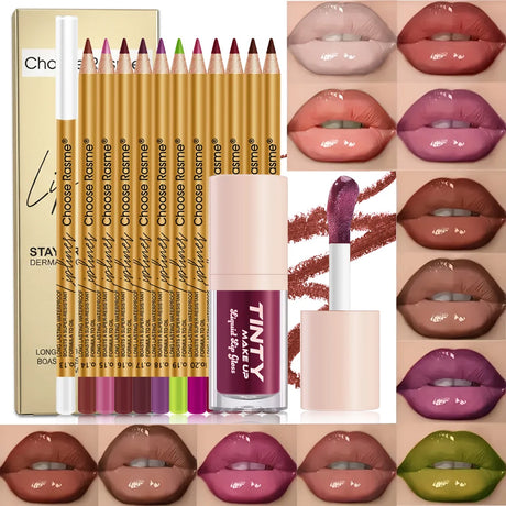 12Pcs Matte Lip Liner Pencil Set With Liquid Lip Gloss Waterproof Long Lasting Non-transfer Nude Brown Lip Makeup Kit Plump Lip Contour Cosmetic For Women