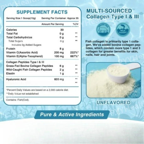 Marine Collagen Peptides Powder - Type I III Collagen with Probiotics, Vitamin C & Hyaluronic- Unflavored - 12.35oz/35 Servings