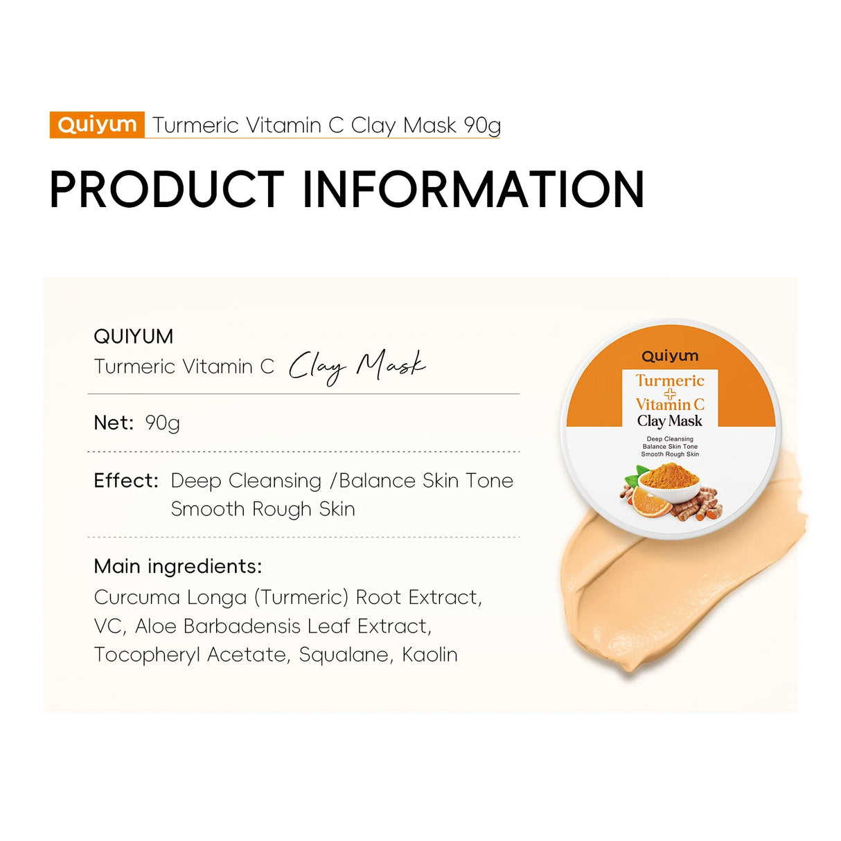 Quiyum Turmeric Vitamin C Clay Mask 90g Deep Cleansing Balance Skin Tone Smooth Rough Skin Kaolin Clay Face Mask with Aloe