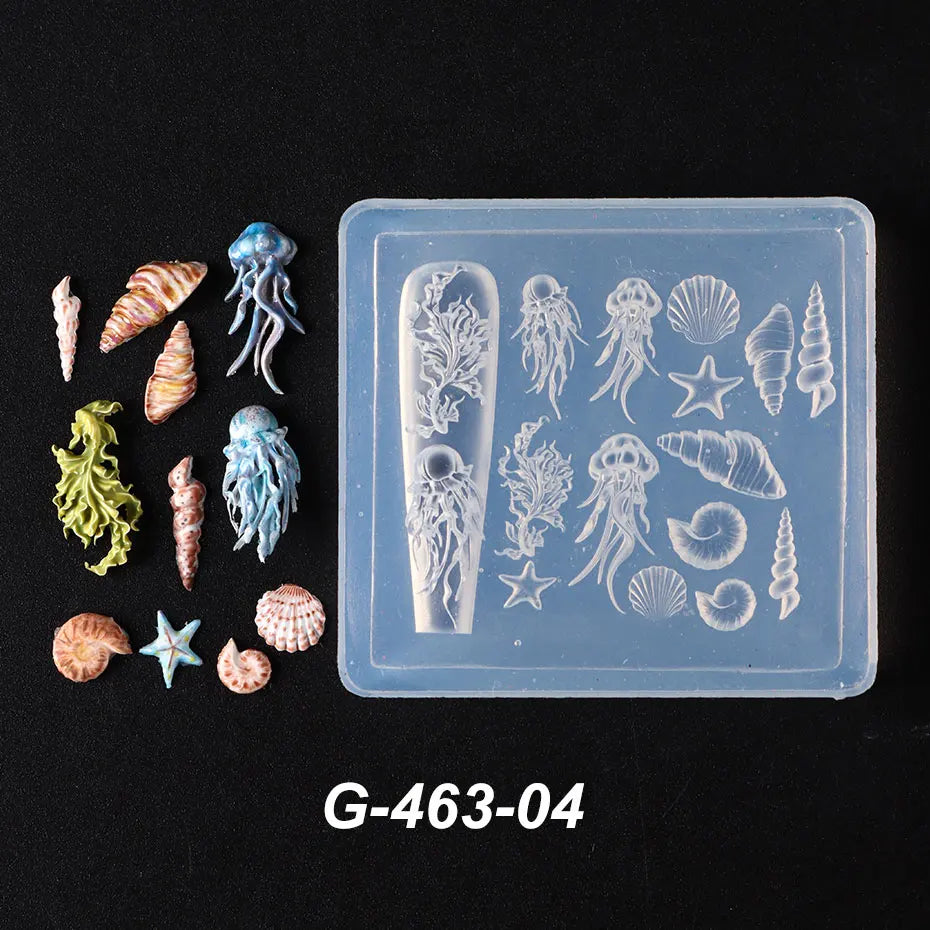 1pc Ocean Series Animal Silicone Mold Sea Shell Conch Nail Stamplates Starfish Seaweed 3D Soft Charm Manicure Mold Stencil Tools
