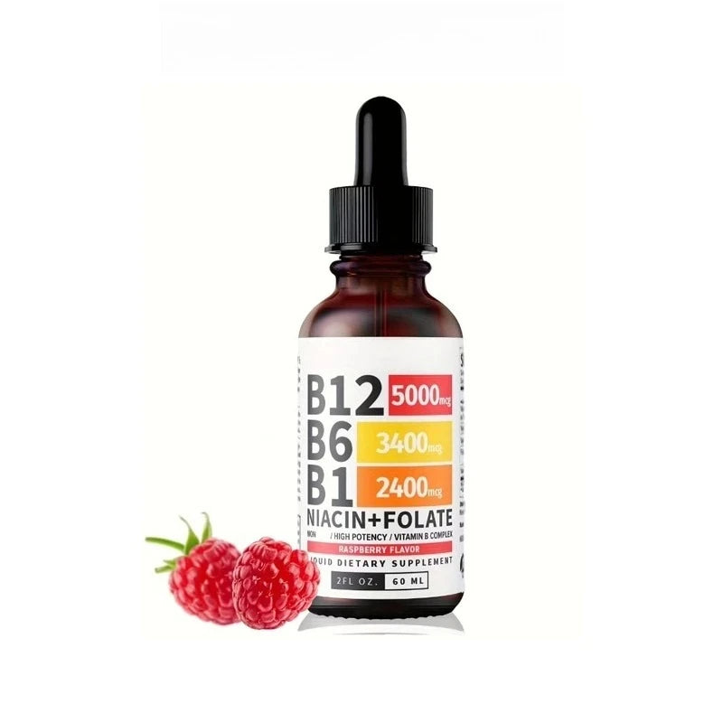 Vitamin B12 Liquid Drops 60ml Raspberry Flavor with Vitamin B6+B1 Etc Multivitamin Support Energy Recovery & Brain,Heart Health