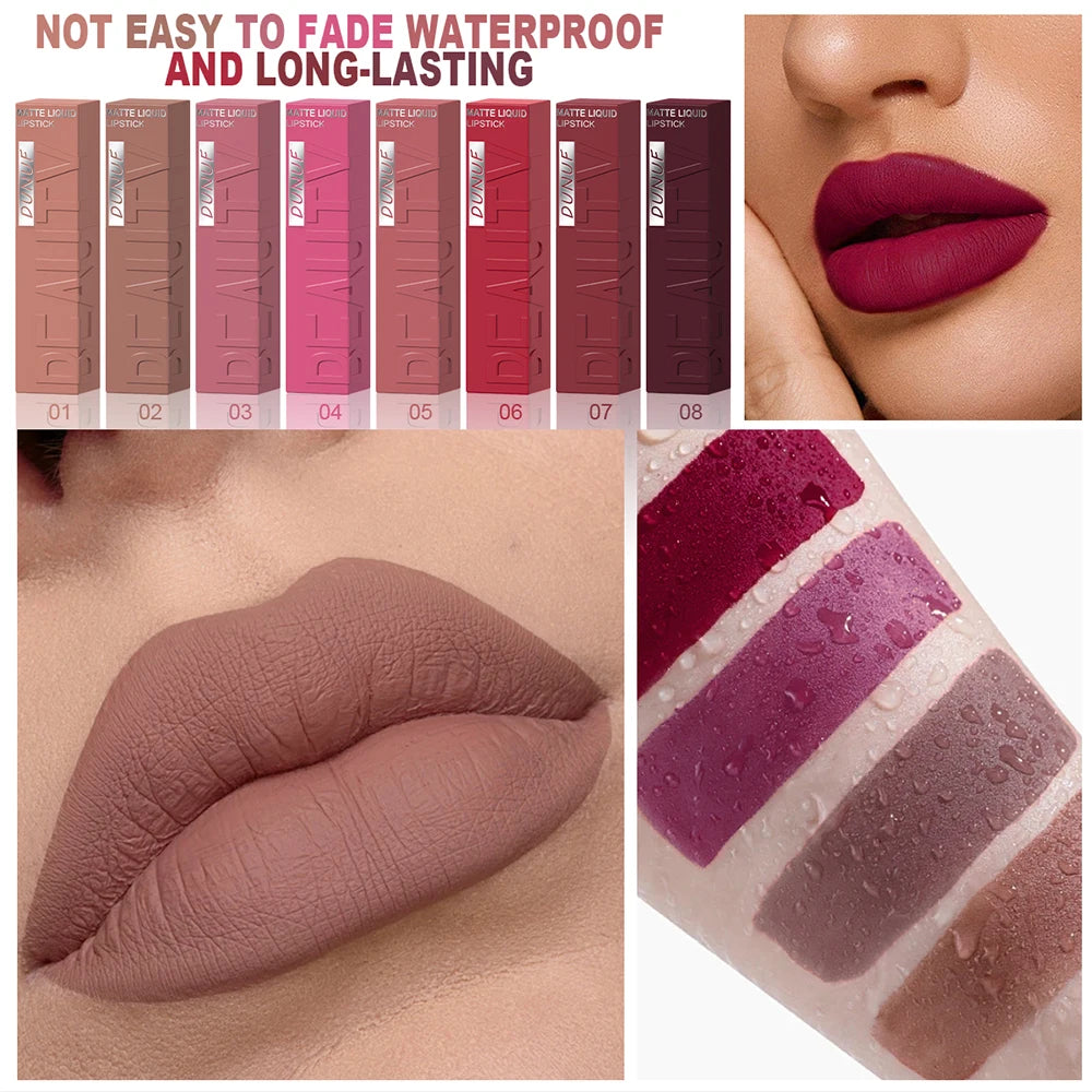 DUNUF 8-Color Matte Velvet Smooth Easy-to-Apply Square Tube Lip Gloss Waterproof Three-Dimensional Plumping Lipstick