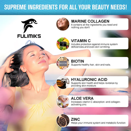 Marine Collagen Supplement, with Hyaluronic Acid & Vitamins, Supports Skin Elasticity, Hair Growth, Nail Strength & Anti-Aging