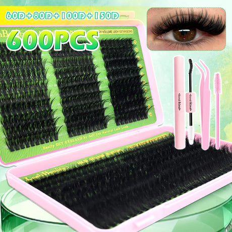 600pcs DIY Eyelash Clusters Kit - 60D 80D 100D 150D, 10-18mm Length Mix | Thick Natural Reusable False Lashes for Doll