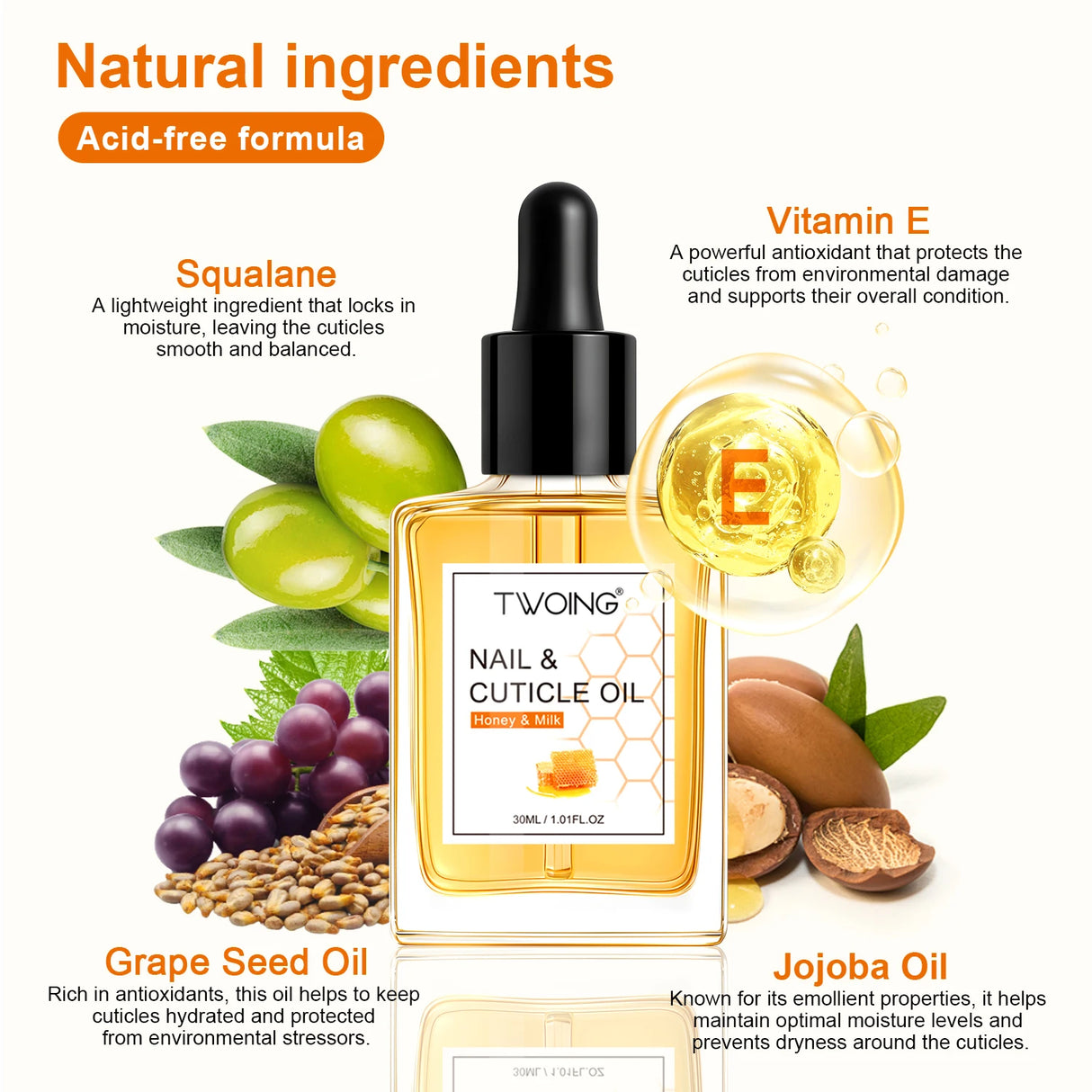 TWOING Honey Milk Cuticle Oil - 30ml Dropper Nail & Cuticle Moisturizer for Dry Skin And Thin Nails Nail Nutrition Oil