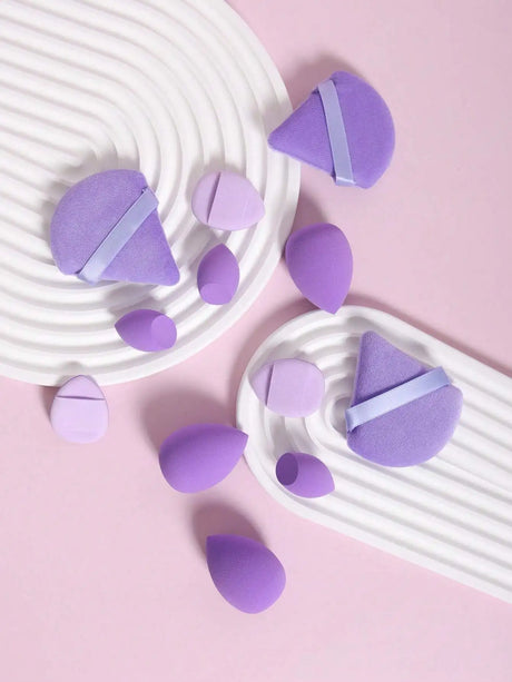 12pcs All-Purpose Makeup Sponges Set Consisting Of 3 Triangular Powder Puffs, 3 Mini Air Cushion Powder Puffs, 3 Water Drop Shaped Makeup Sponge, And 3 Mini Makeup Sponge. Suitable For Liquid Foundation, Powder Foundation, An