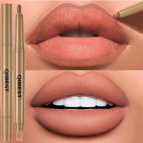 Double Head Black Lip Liner&Brush Pen Mist Matte Velvet Contour Tint Lipstick Pencil Long Lasting Nude Brown Natural Lip Makeup