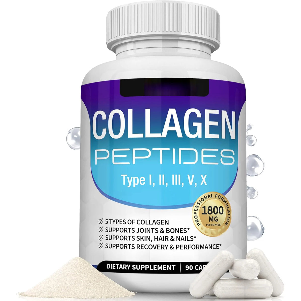 Multi Collagen Peptides Capsules 1800mg Type I,II,III,V,X Hydrolyzed Protein Collagen Complex for Skin, Hair, Nails, Joint