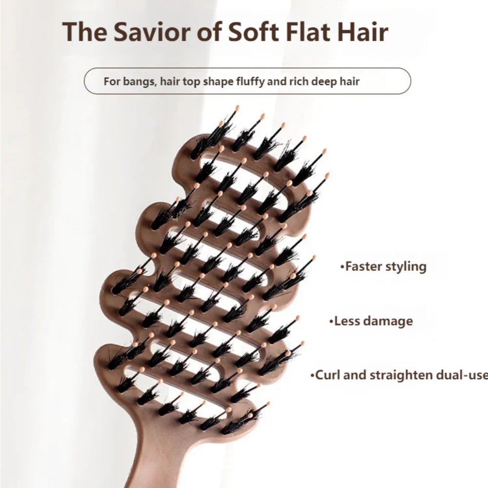 Natural Boar Bristle Hair Comb Hollow Scalp Massage Detangler Brush Anti-frizz Styling Hairbrush for Curly Hair