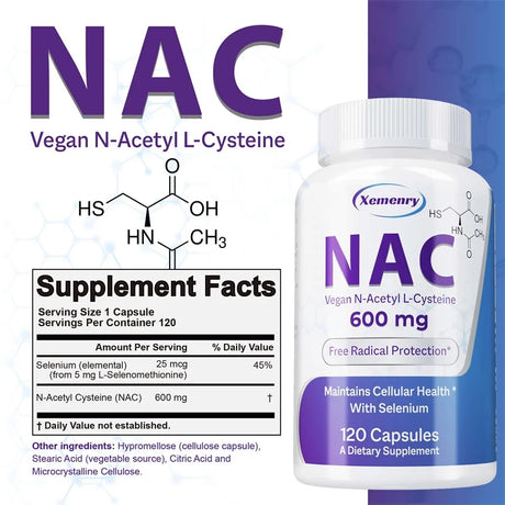 NAC Capsules 600mg - Support Skin Health, Antioxidant, Detox, Enhance Immunity - Non-GMO