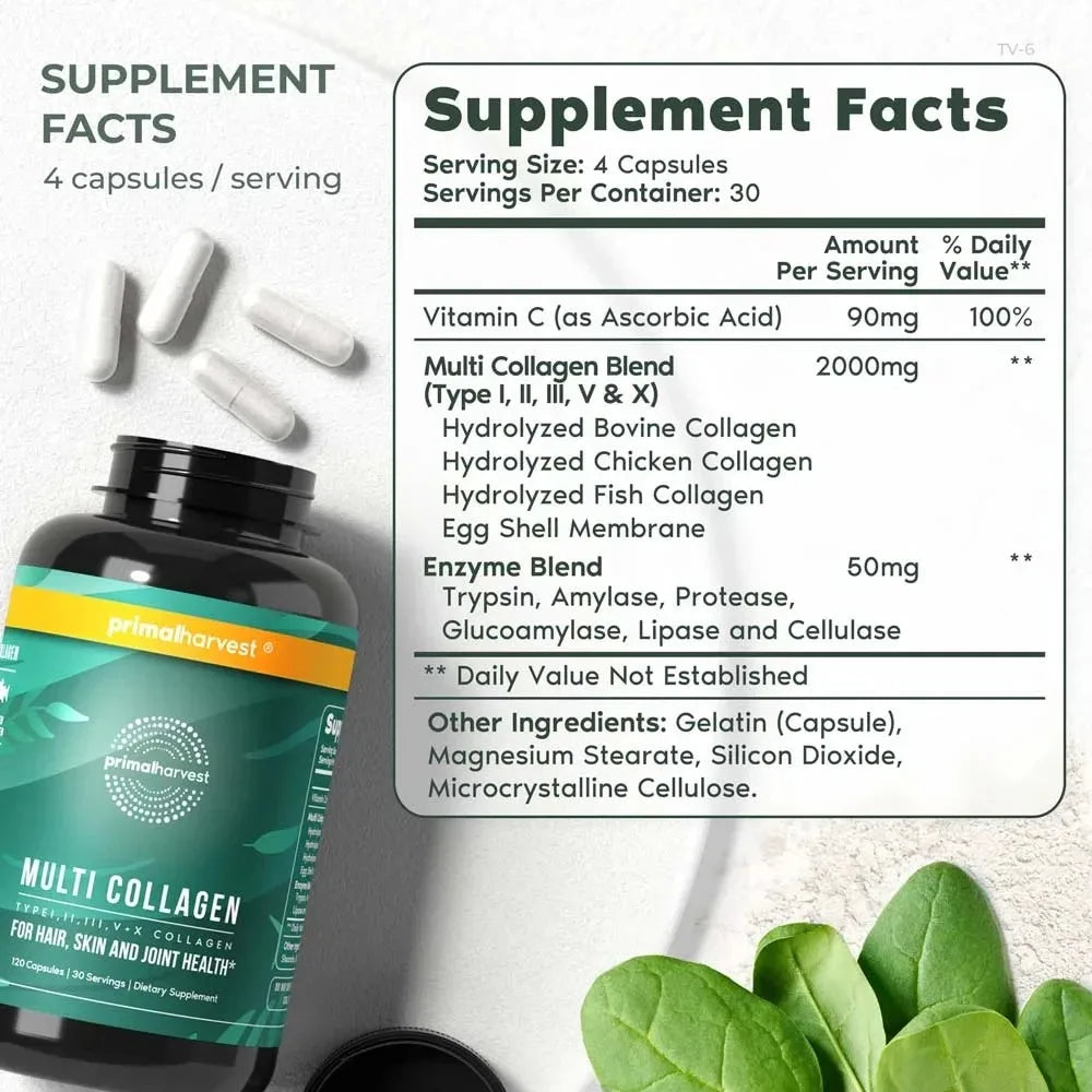 Multi Collagen Pills for Women and Men - Type I, II, III, V, X - 120 Capsules W/Vitamin C for Hair, Skin, Nails