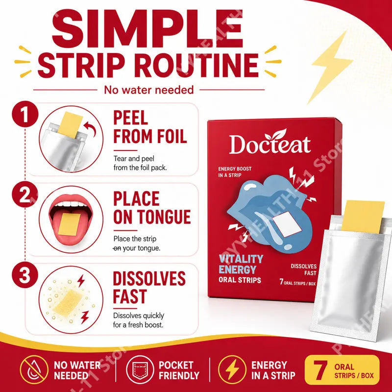 Docteat Vitality Energy Oral Strips with Caffeine and L-Theanine To Quickly Relieve Fatigue and Improve Concentration 7 Strips