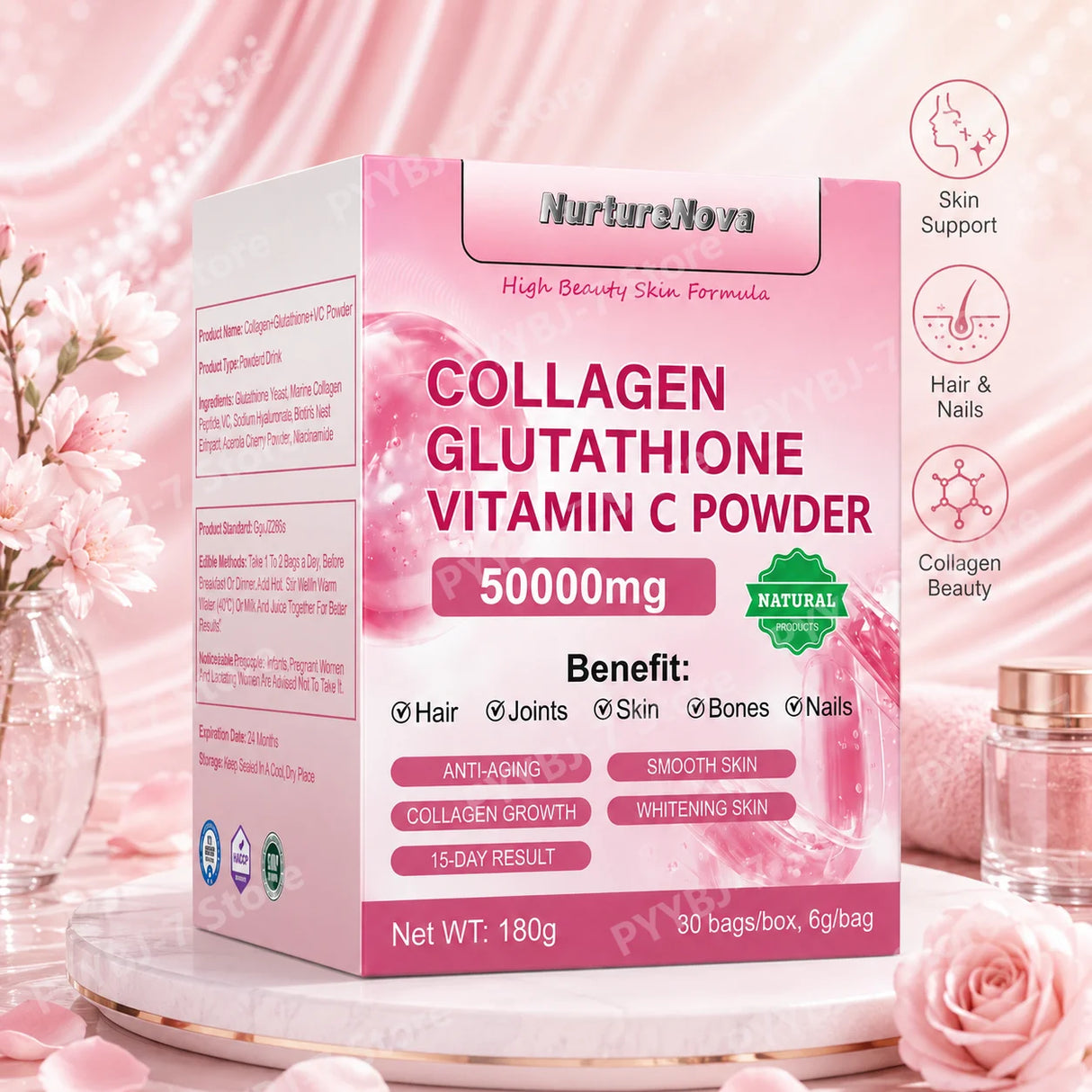 Collagen Peptides Glutathione Vitamin C Powder 30 Sachets, Marine Collagen Drink Mix Antioxidant Wellness Support