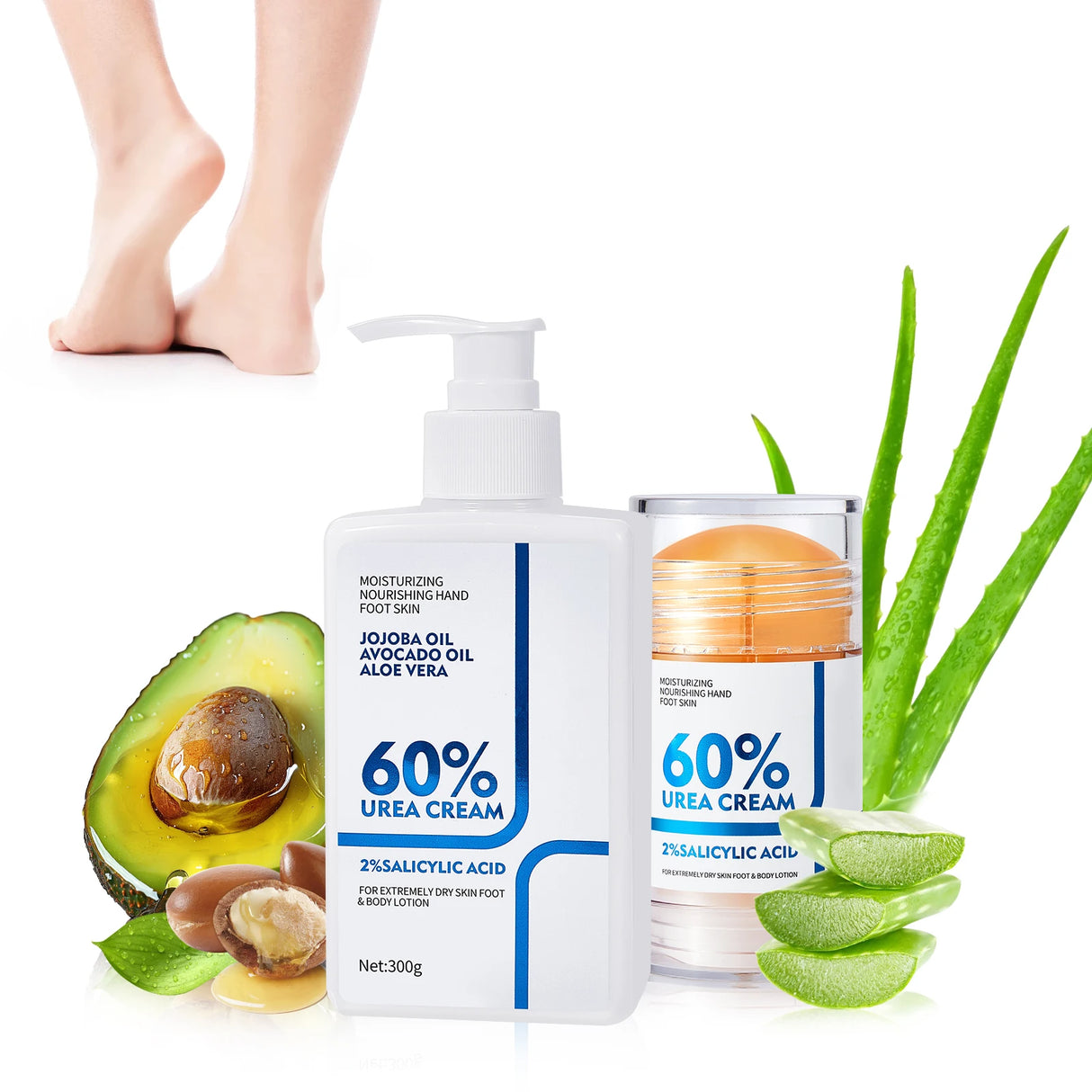 Two-Piece Set Includes 60% Urea Hydrating Foot Cream and Body Cream for Dry Cracked Hands and Heels with 2% Salicylic Acid Foot Care
