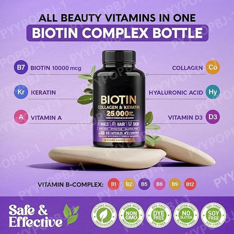 Biotin Capsules Contain Collagen and Vitamin B2, B3, B6 & B7 for Women Men Hair Care Supplements Skin & Nails Support 60 Pieces