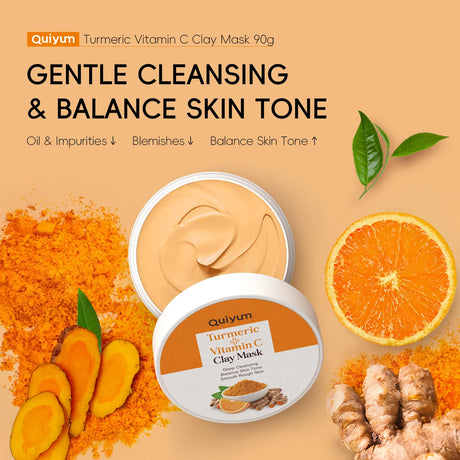 Quiyum Turmeric Vitamin C Clay Mask 90g Deep Cleansing Balance Skin Tone Smooth Rough Skin Kaolin Clay Face Mask with Aloe