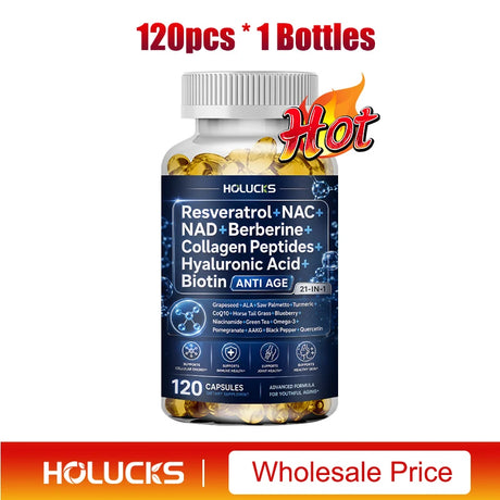 Resveratrol+NAC+NAD+Collagen Peptides+Hyaluronic Acid+Biotin Capsules, Boost Energy & Focus, Anti-Aging, Cellular Vitality