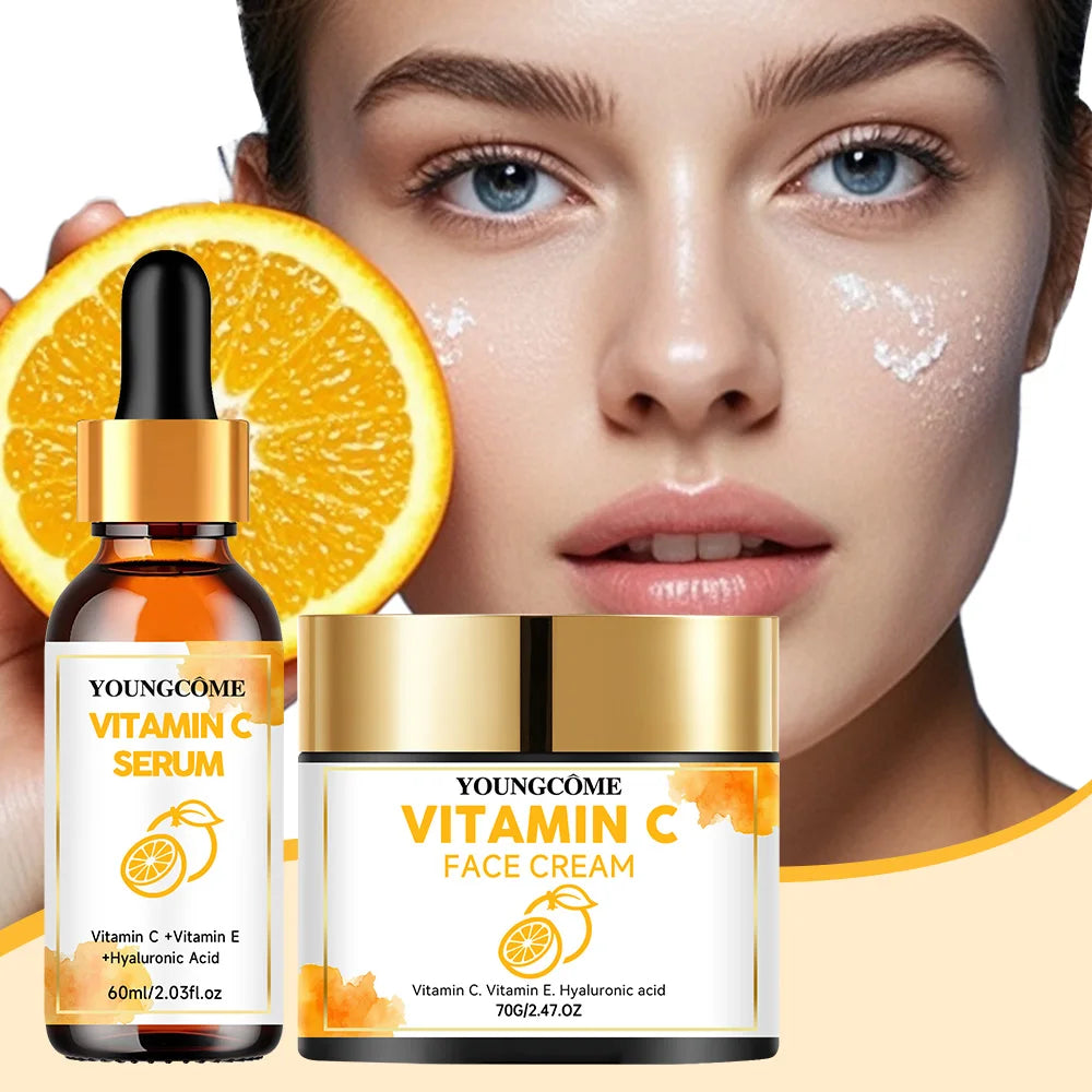 YOUNGCOME Vitamin C Skin Care Set For Women , Moisturizing Hyaluronic Acid Skin Care Routine with Serum, Face Cream 70g+60ml