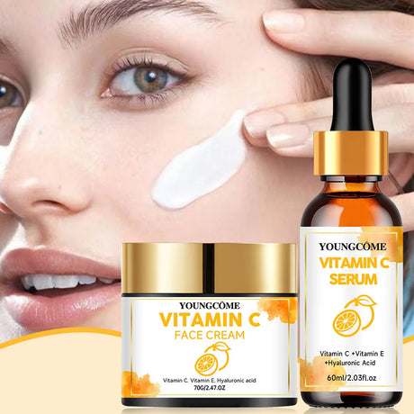 YOUNGCOME Vitamin C Skin Care Set For Women , Moisturizing Hyaluronic Acid Skin Care Routine with Serum, Face Cream 70g+60ml
