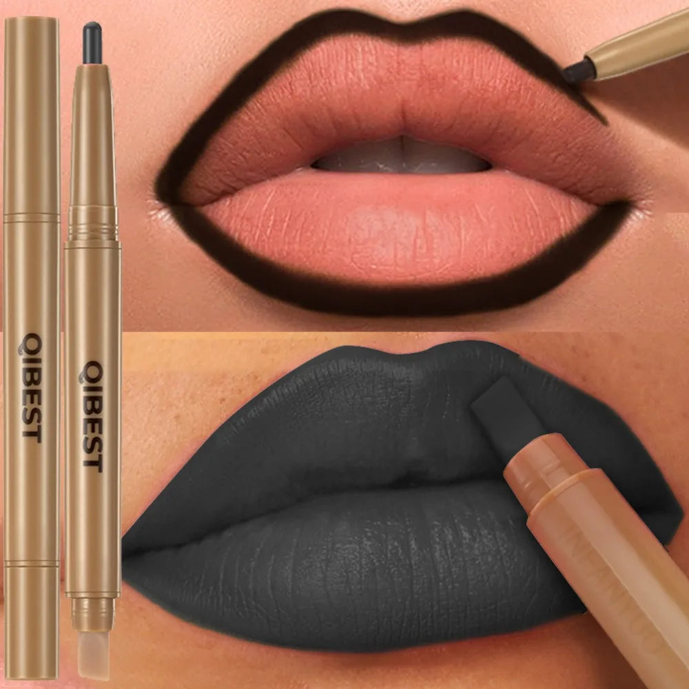 Double Head Black Lip Liner&Brush Pen Mist Matte Velvet Contour Tint Lipstick Pencil Long Lasting Nude Brown Natural Lip Makeup