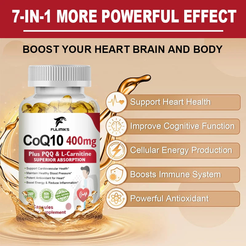 CoQ10 Ubiquinone 400mg Supplement, with L-Carnitine & PQQ, Supports Heart Health, Energy Metabolism, Antioxidant & Vitality
