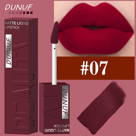 DUNUF 8-Color Matte Velvet Smooth Easy-to-Apply Square Tube Lip Gloss Waterproof Three-Dimensional Plumping Lipstick