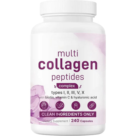 Multi Collagen Pills 240 Capsules | Type I II III V X | Hydrolyzed Protein Peptides with Biotin Hyaluronic Acid & Vitamin C
